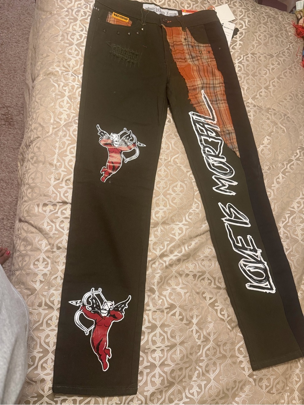 Men's Black, Olive Green, Orange Graphic Patch Jeans with Orange Plaid Detail